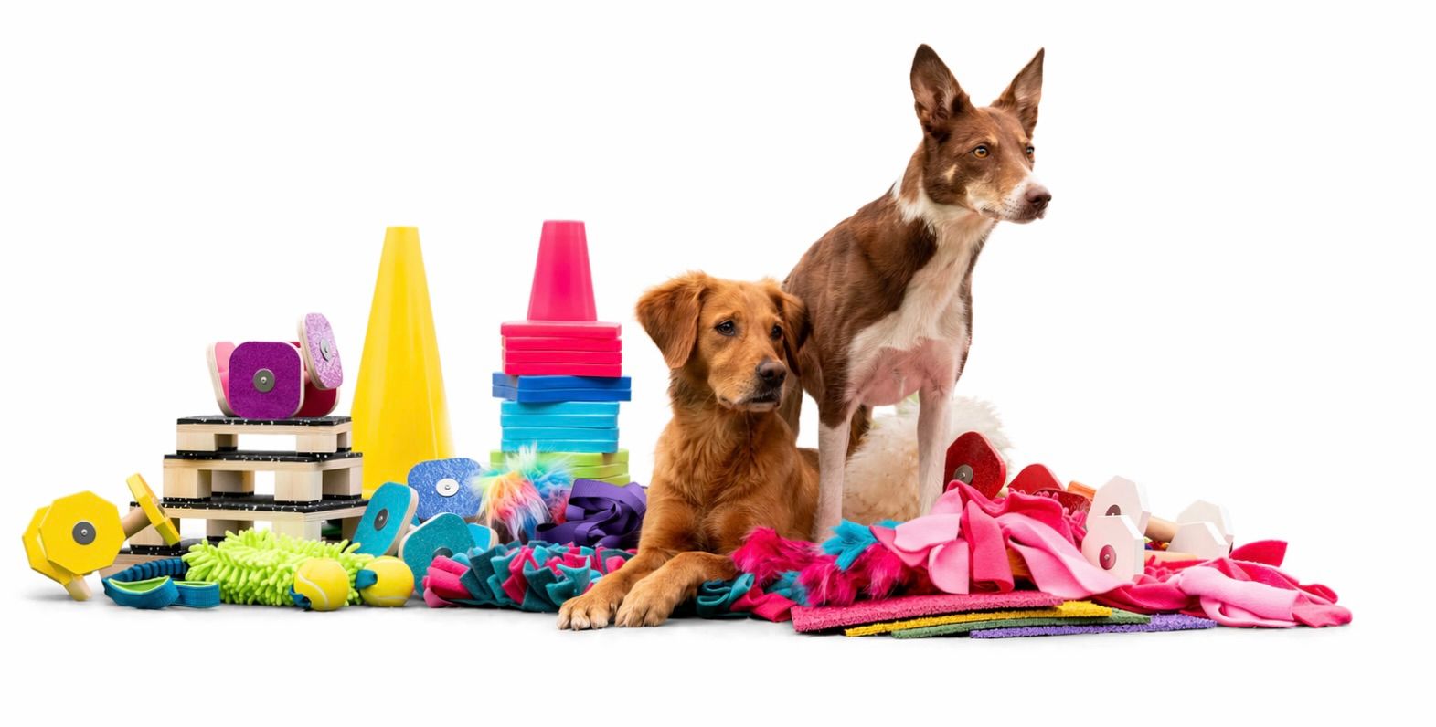 forsidebilde med hunder og diverste lydighetsutstyr